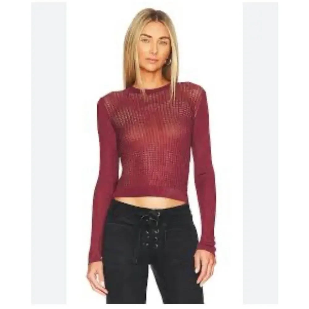 Free People H2O Crew Pullover Women’s Large NWT Open Knit Cropped Raw Garnet